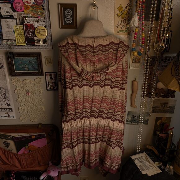 Y2K Striped Belted Sweater Cardigan Women's Large Pink Chevron Hooded Wool Blend - Picture 3 of 8